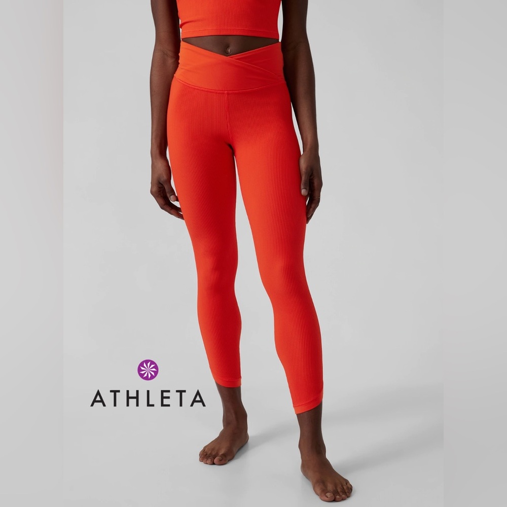 ATHLETA Elation Crossover Ribbed 7/8 Tight Leggings Yoga Flame Orange Size XXS
